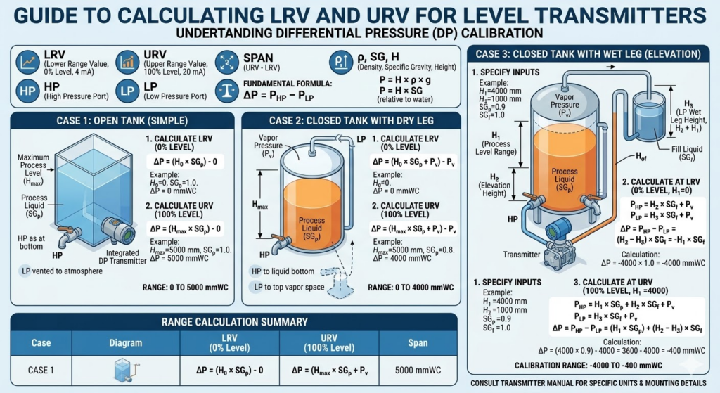 How to calculate LRV and URV for level transmitter
